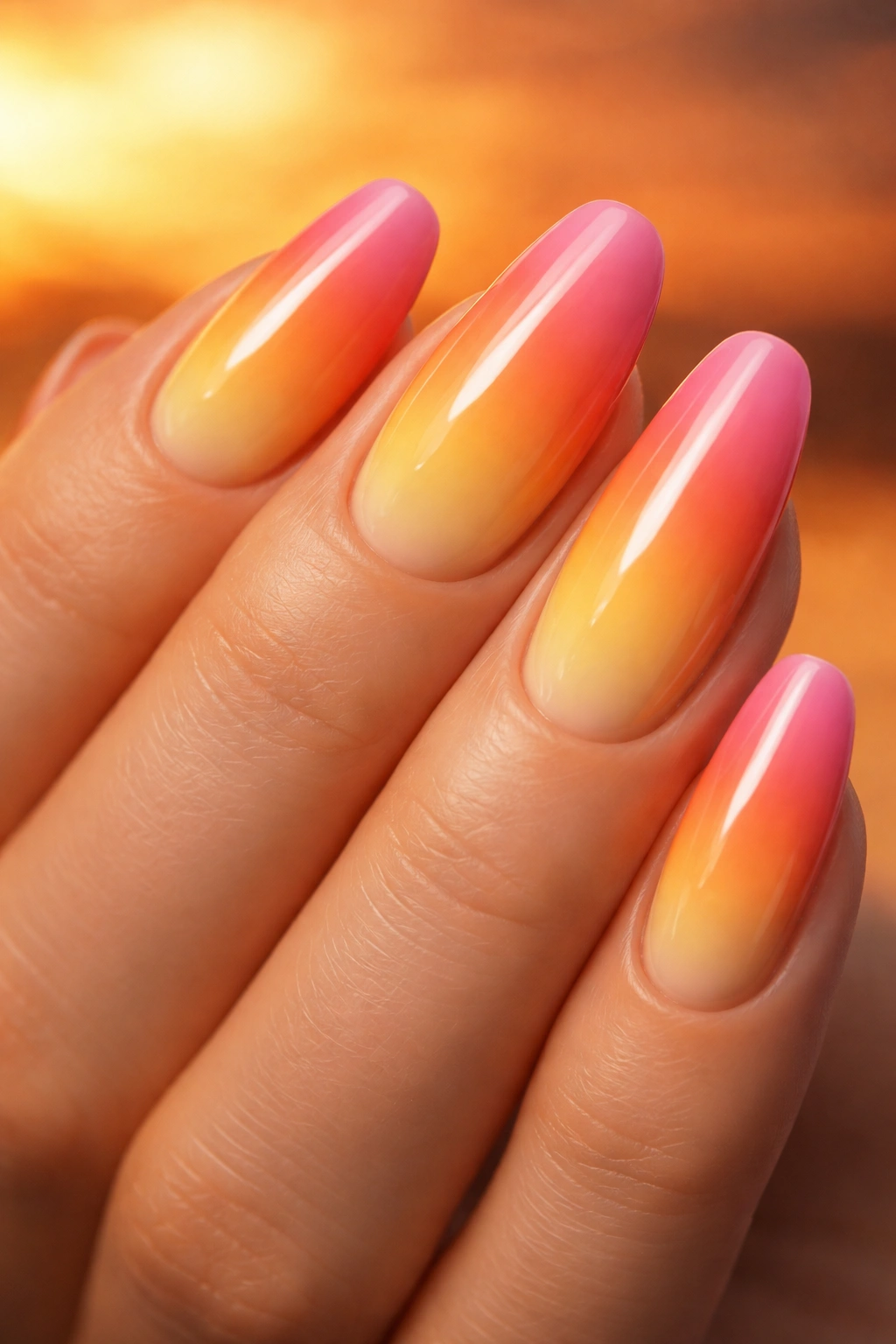 Sunset gradient nails yellow to pink reminiscent of sunset