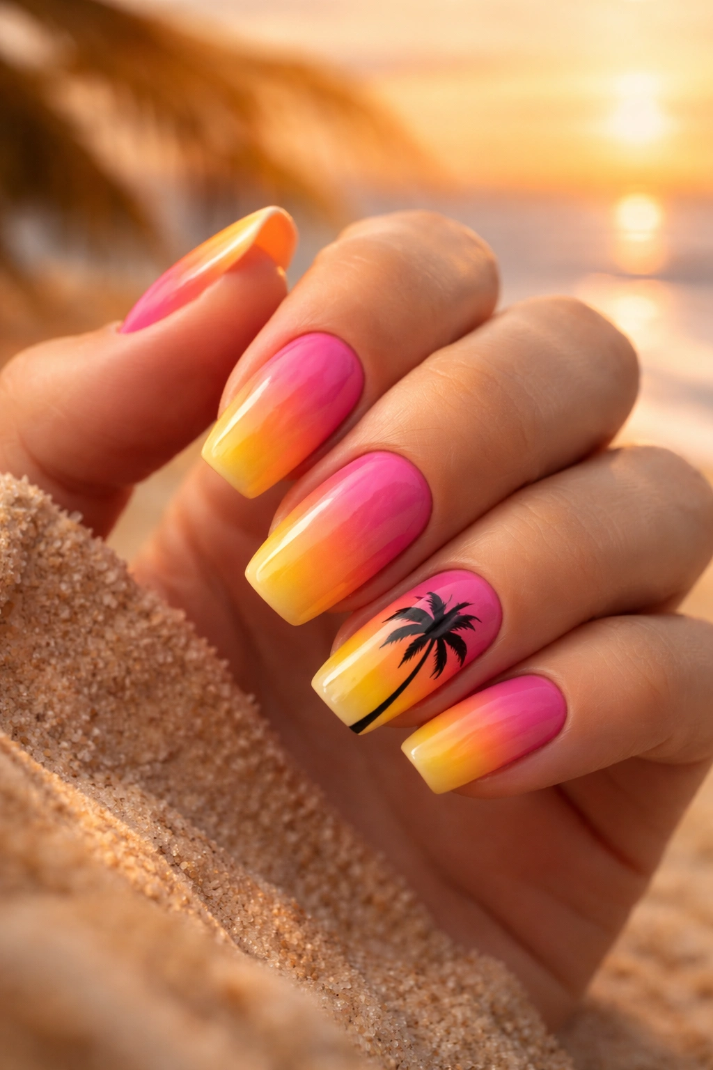 Nails with orange-pink-yellow sunset gradient and a palm silhouette accent nail
