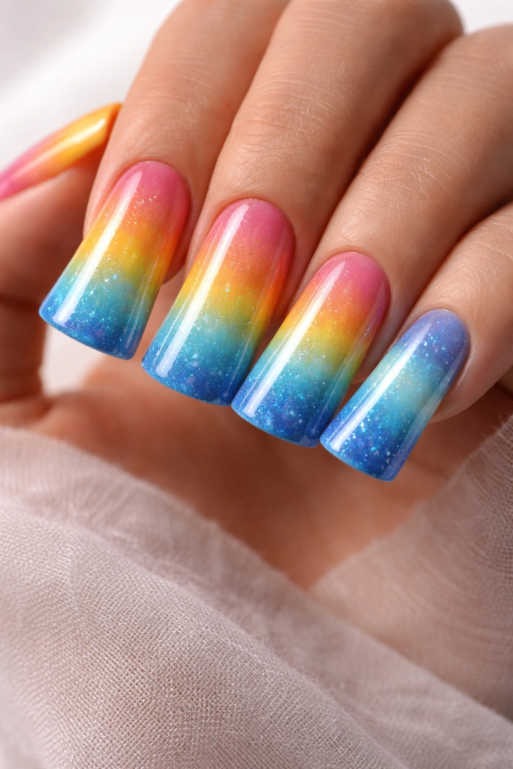 Duck nails with warm-to-cool gradient from sunset to ocean colors.