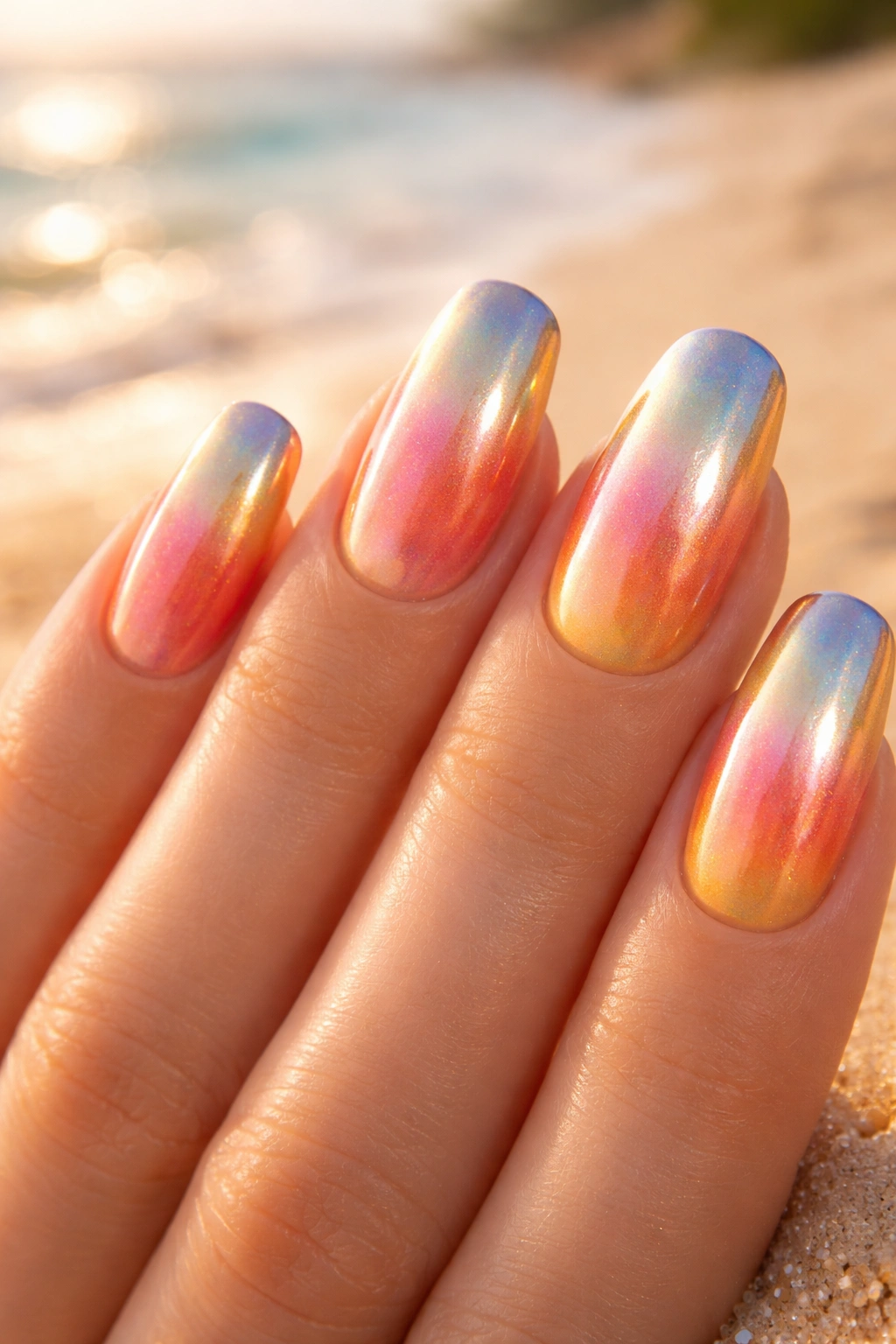 Sunset ombre nails with chrome overlay