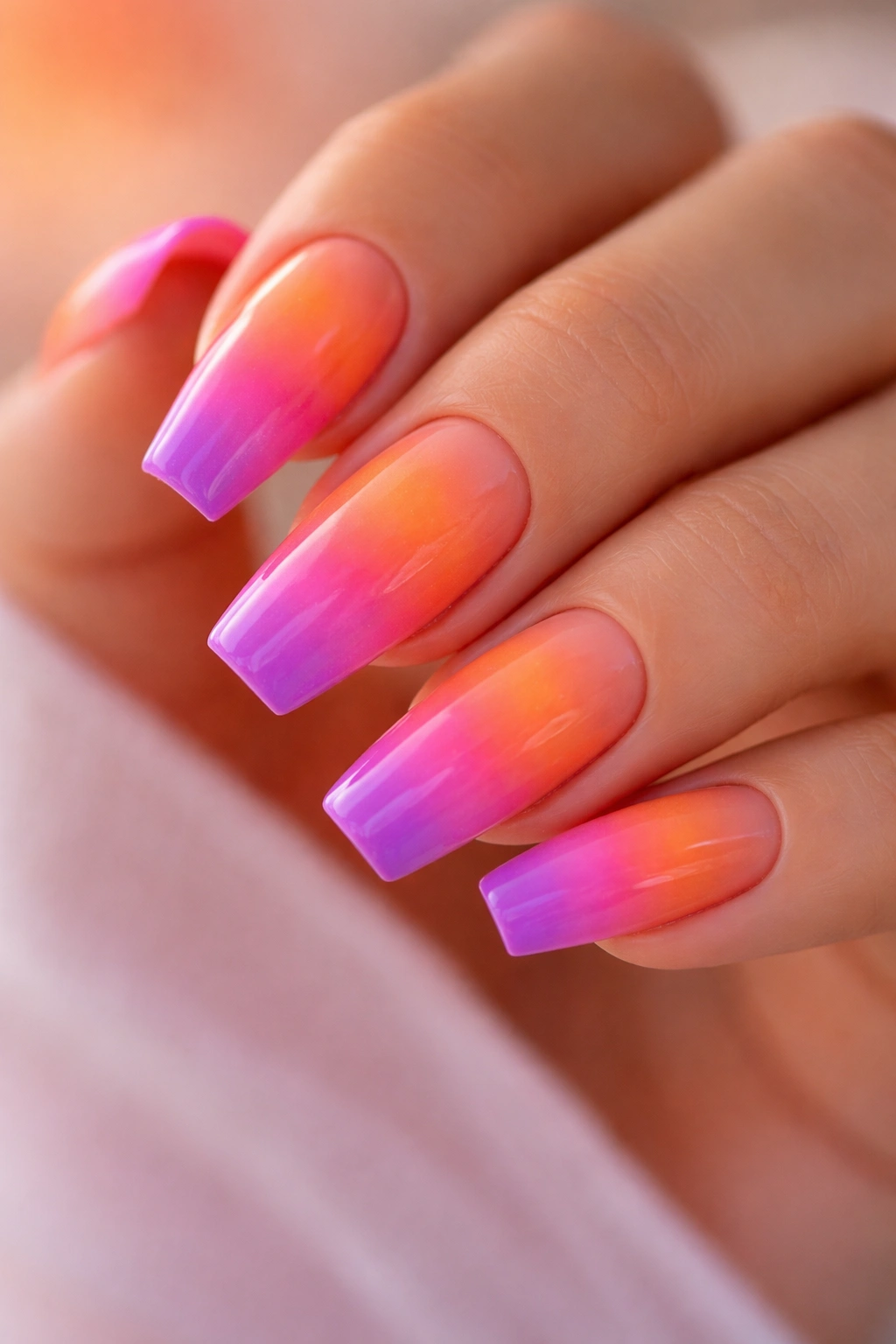 Coffin nails with orange to pink to purple sunset ombre