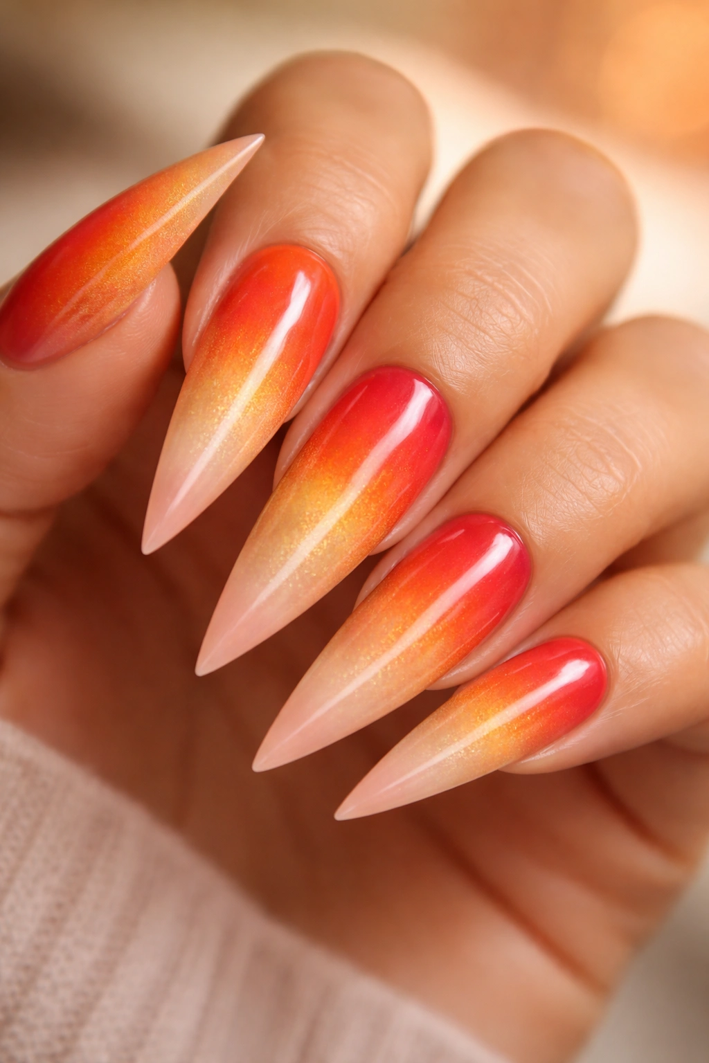 Stiletto nail gradient inspired by a sunset with orange, gold, and coral tones