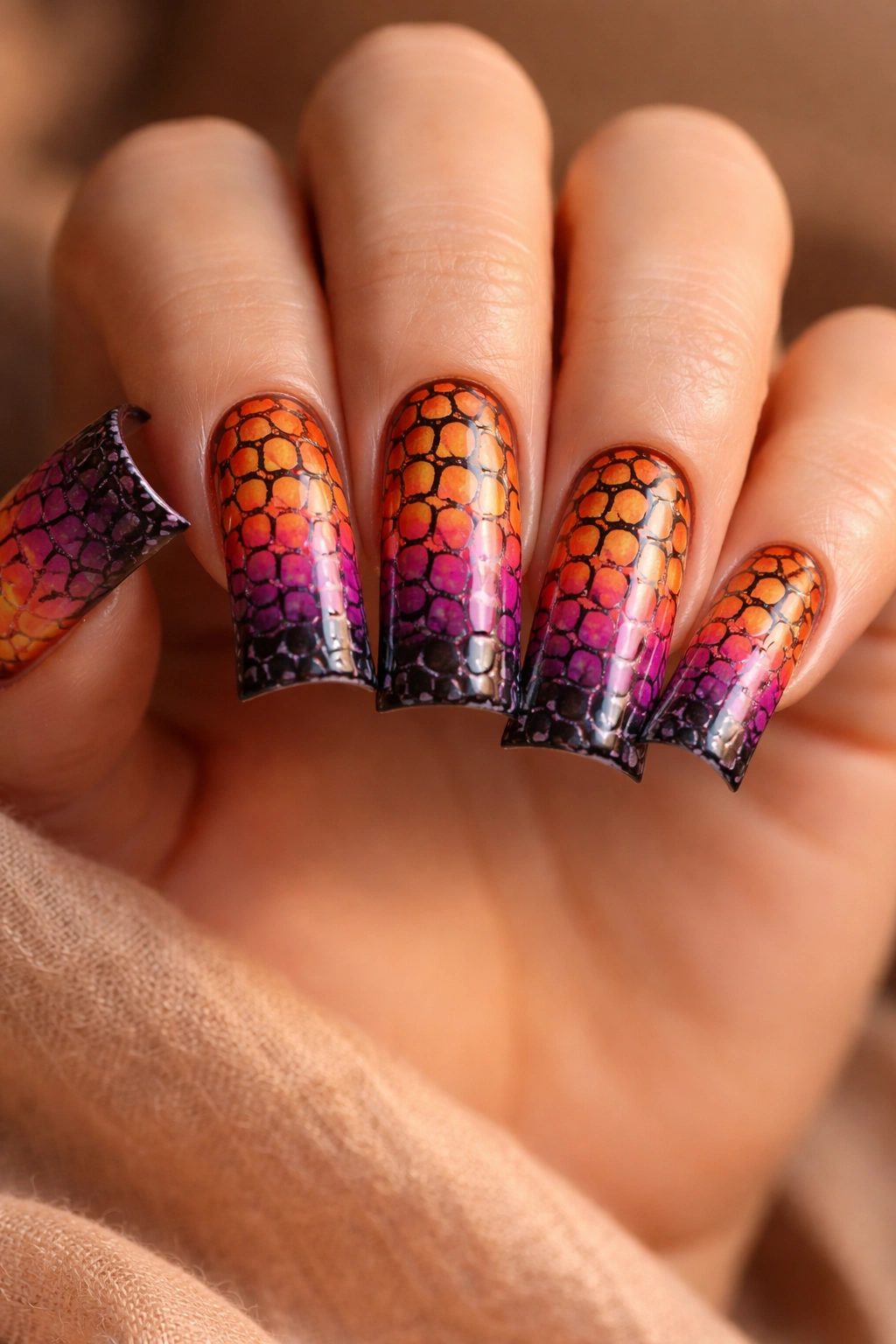 Sunset gradient nails with black croc texture overlay