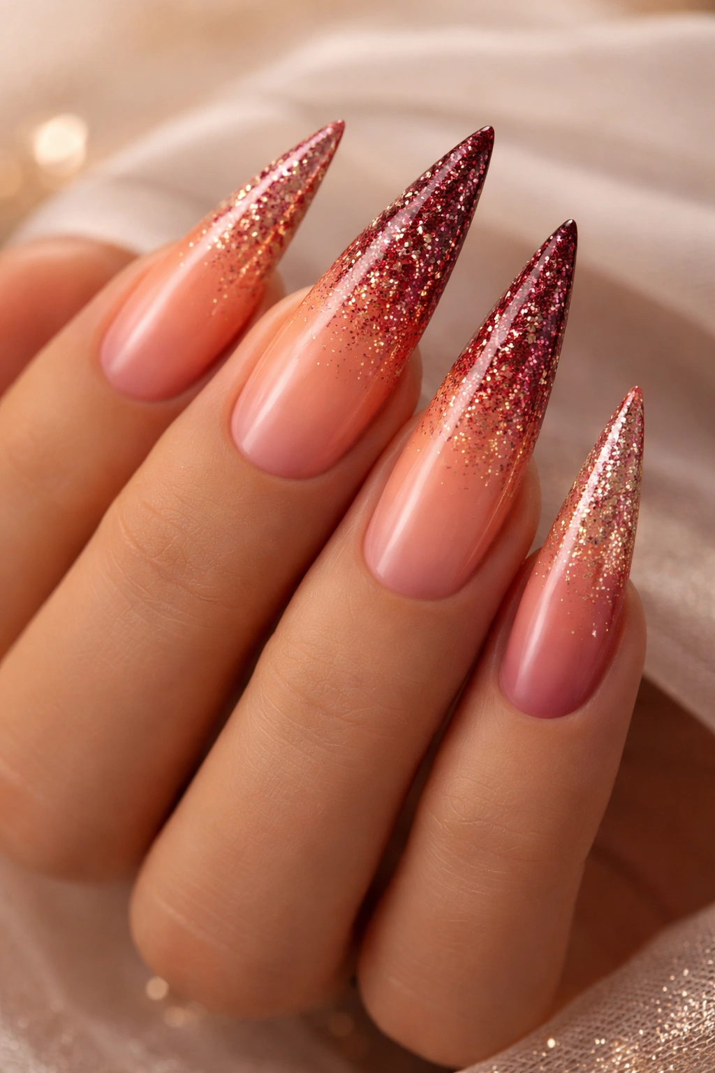 Close-up of sunset ombré stiletto nails with gradient glitter from peach to burgundy