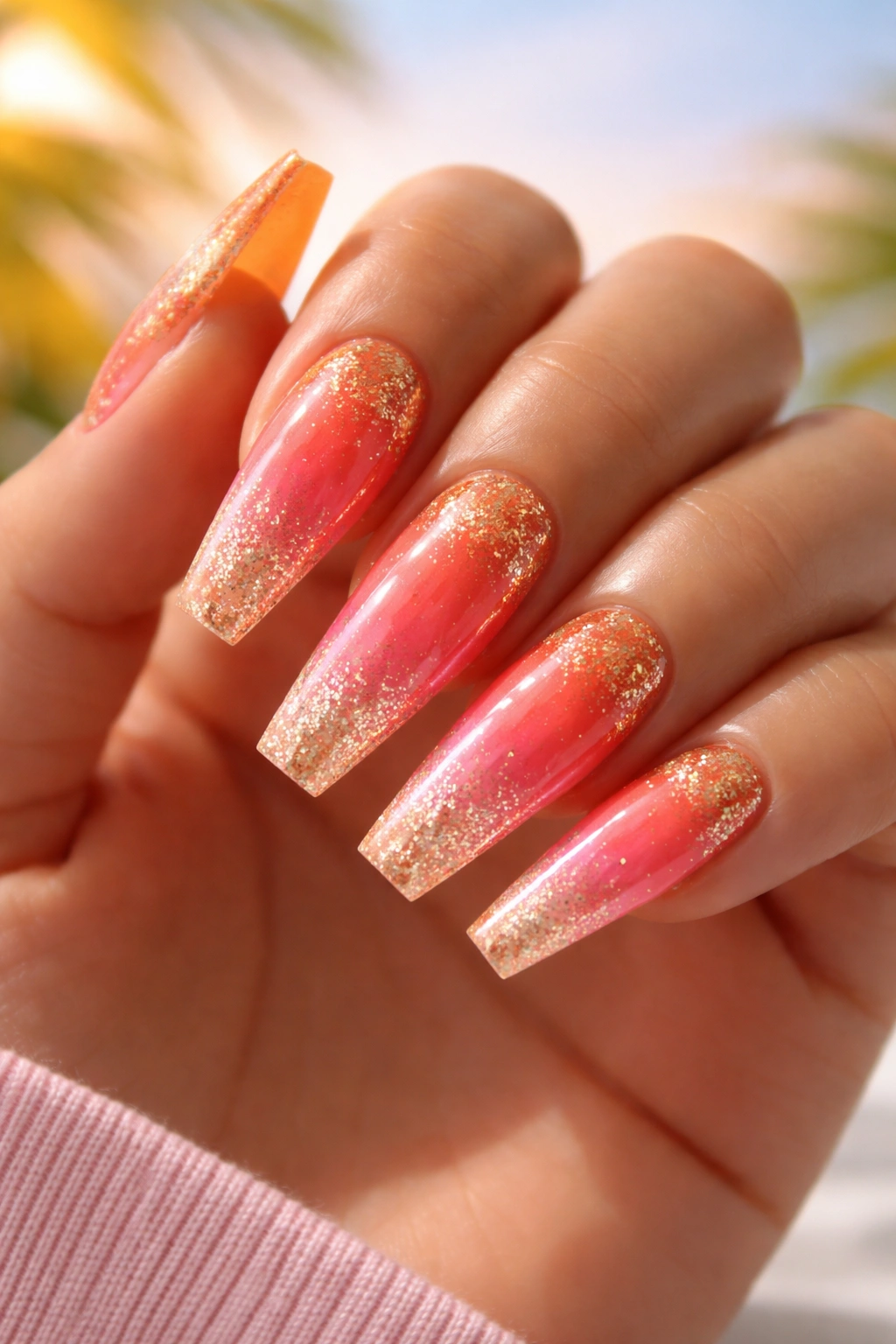 Coffin nails with sunset ombre gradient and gold glitter fade.