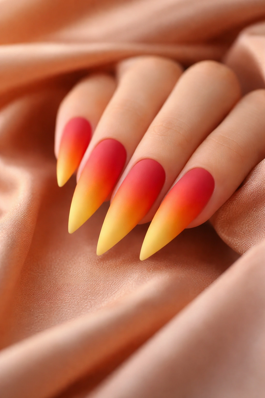 Matte rainbow ombre stiletto nails with warm gradient
