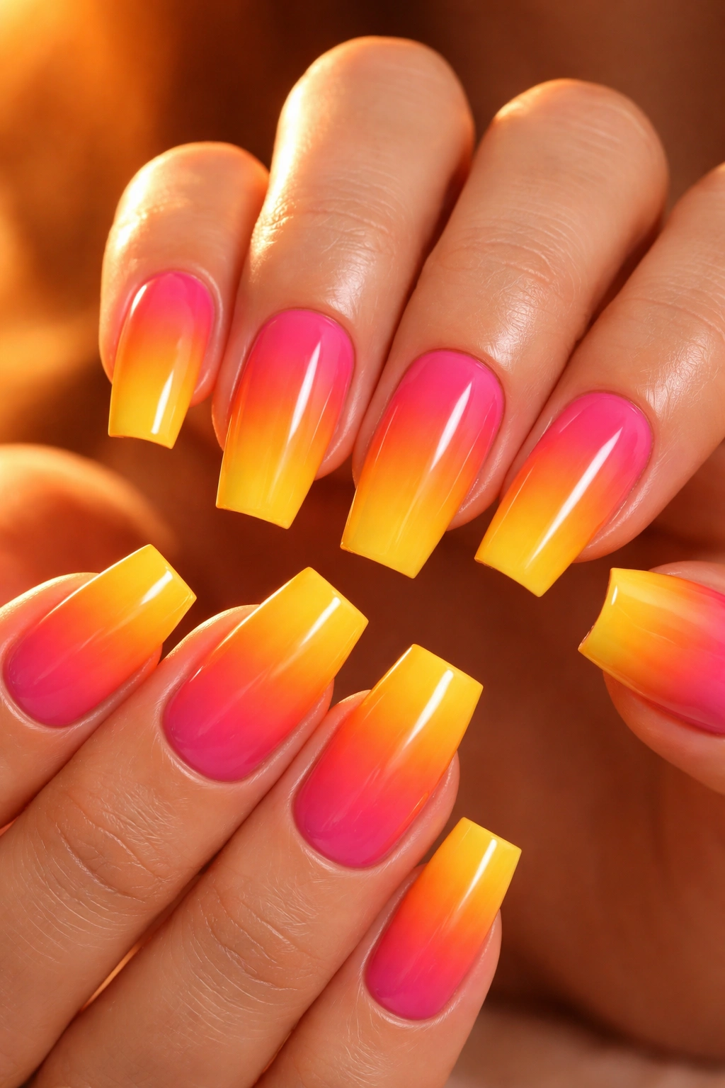Square nails with orange to pink to yellow sunset gradient