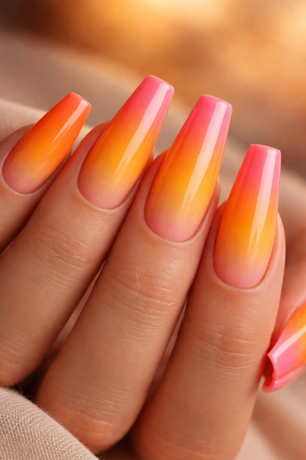Close-up of sunset ombre coffin nails orange yellow pink gradient
