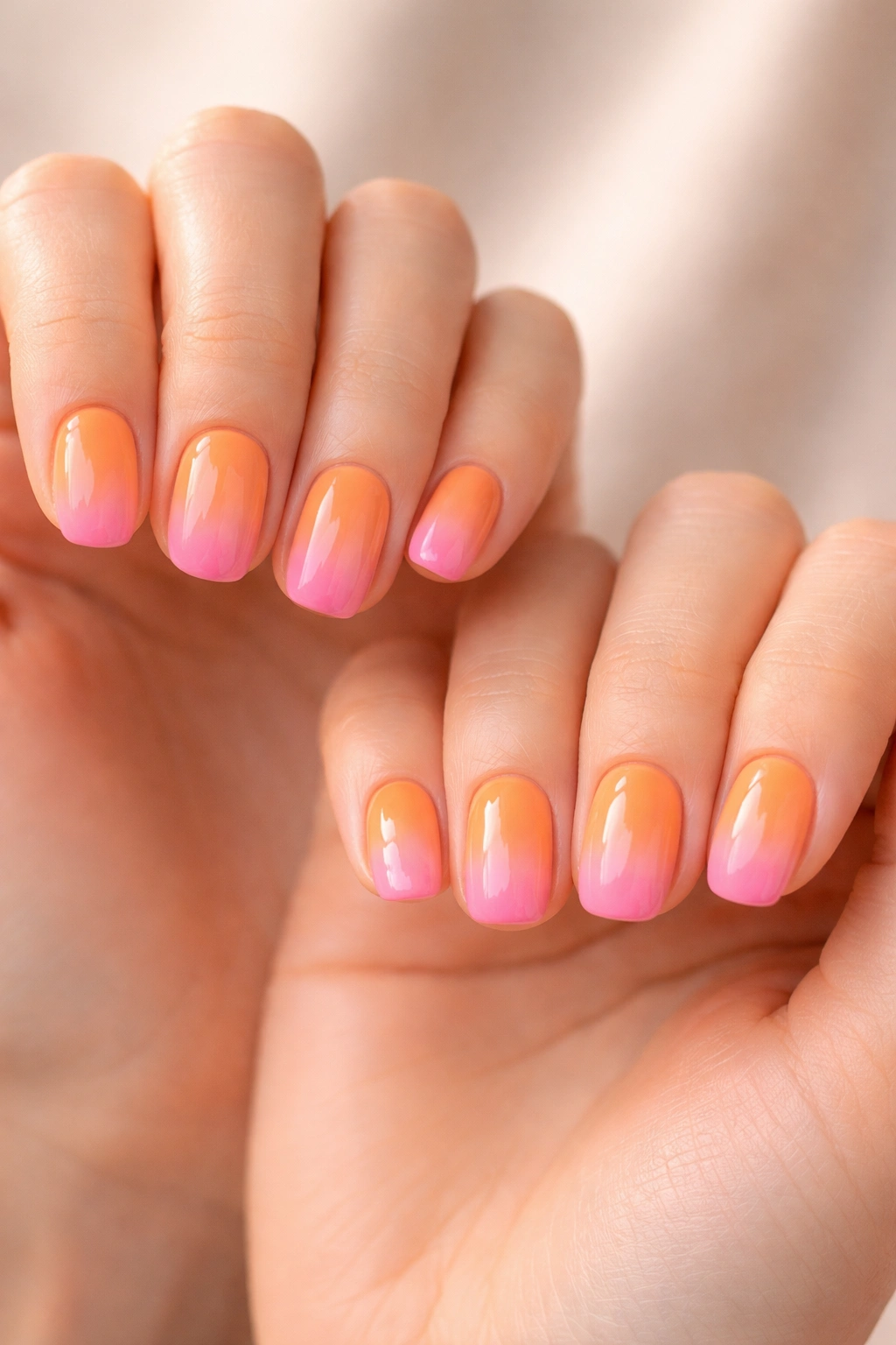 Sunset ombre nails on both hands with orange to pink gradient on short nails.