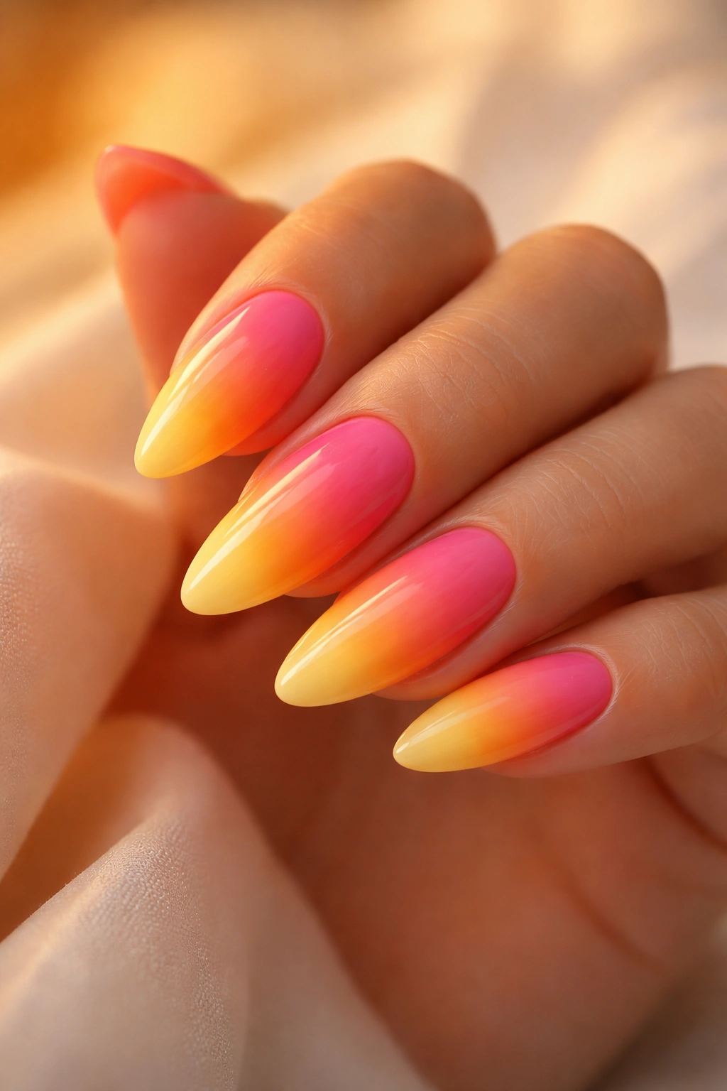 Almond nails displaying a pink to orange to yellow sunset ombre