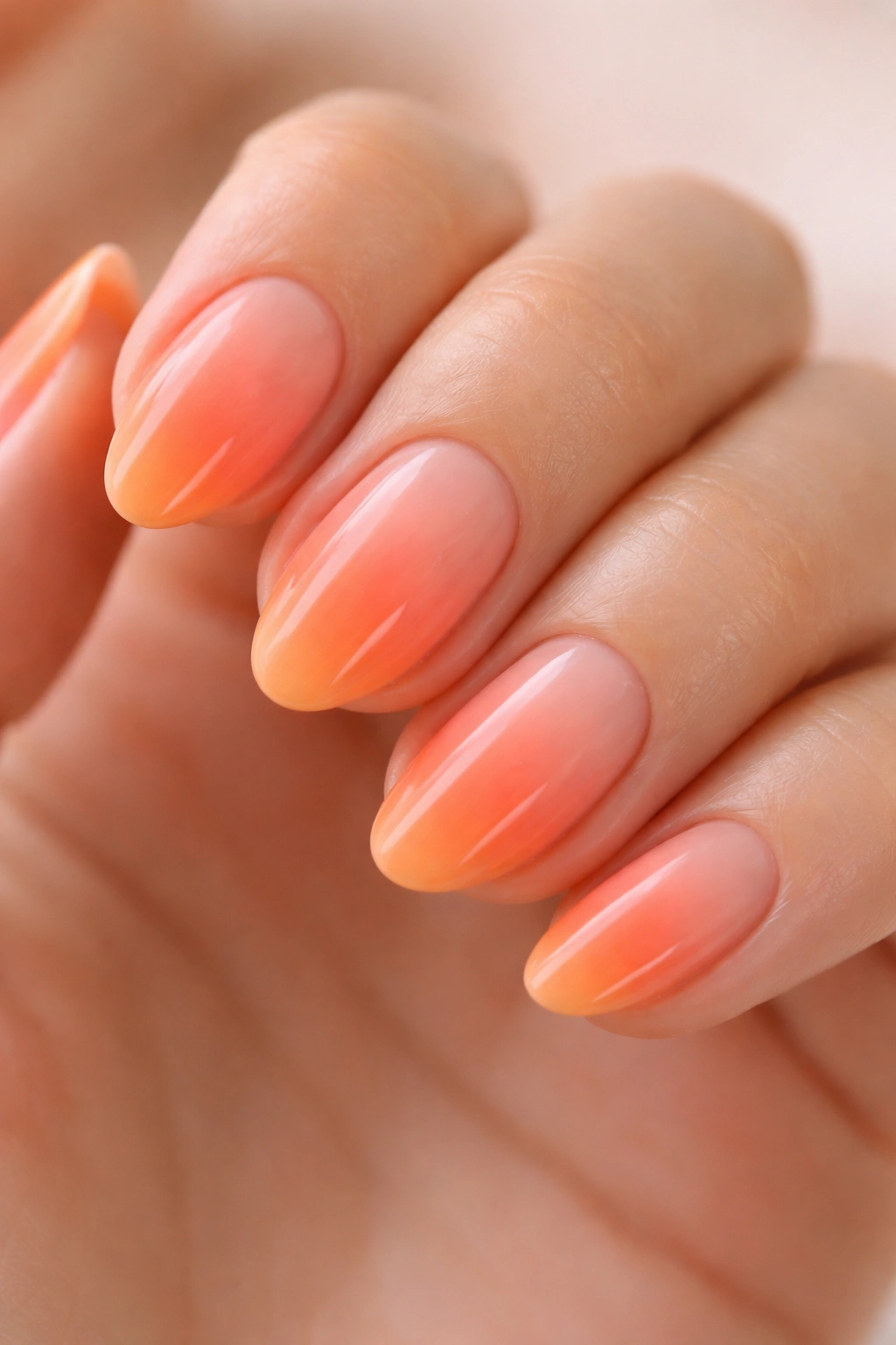 Close-up of sunset ombré nails in peach coral orange on short almond shape