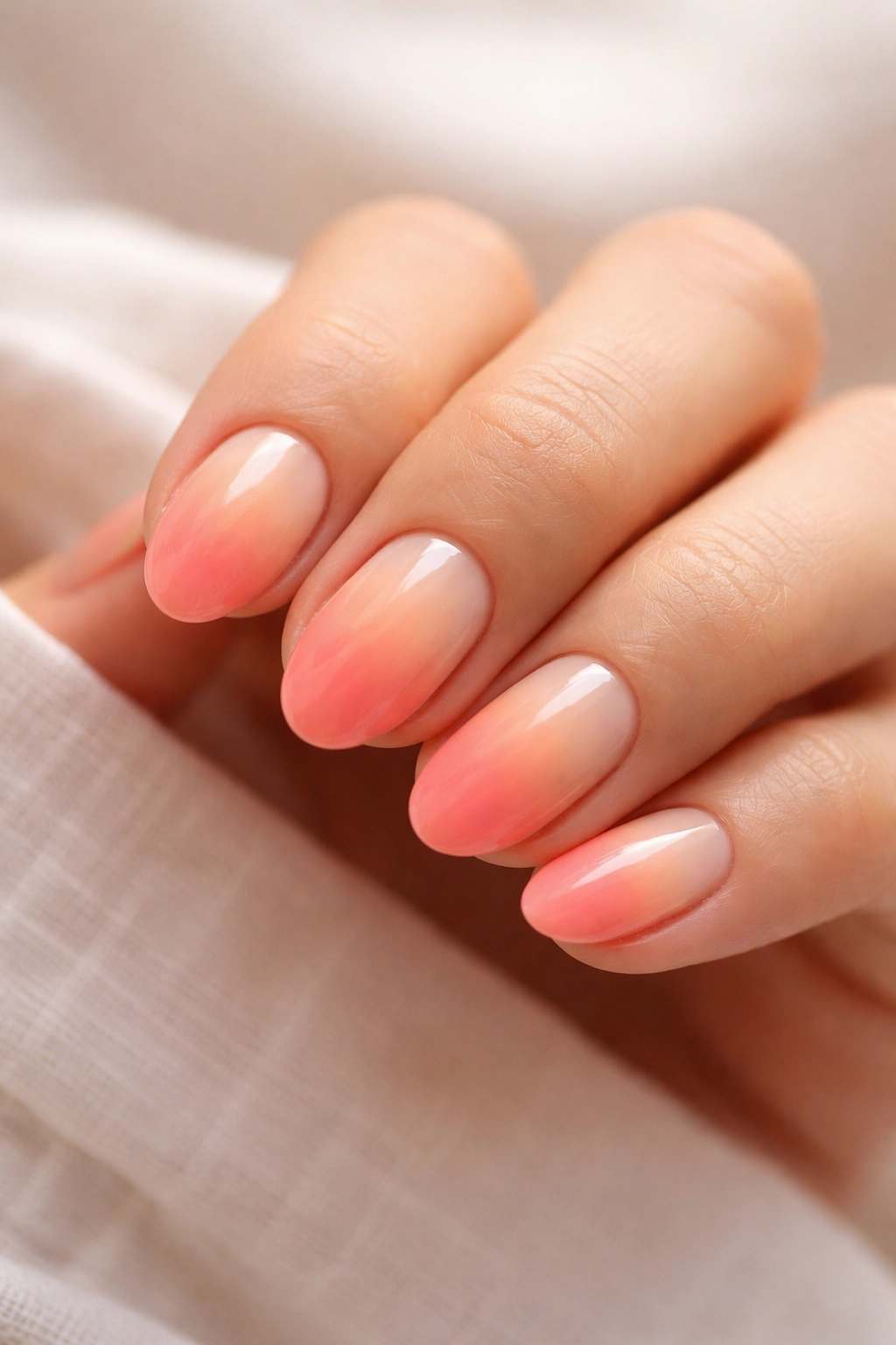 Close-up of short almond nails with peach to coral sunset ombre