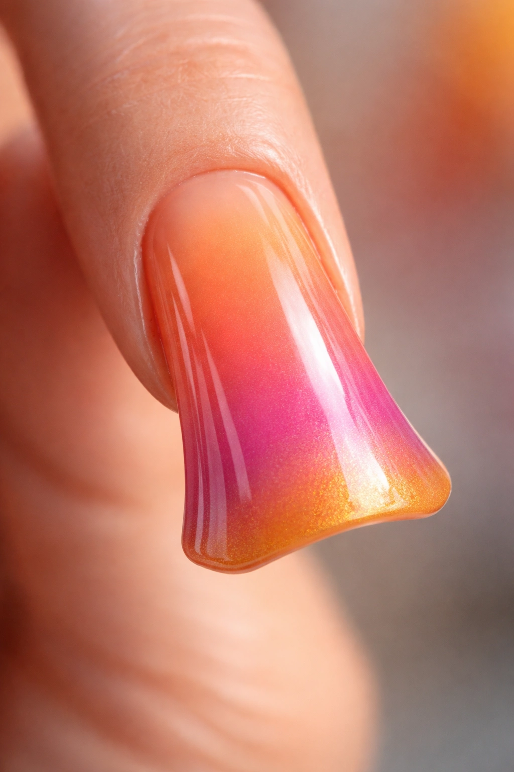 Close-up of a duck nail with sunset ombré gradient from peach to orange on curved nail