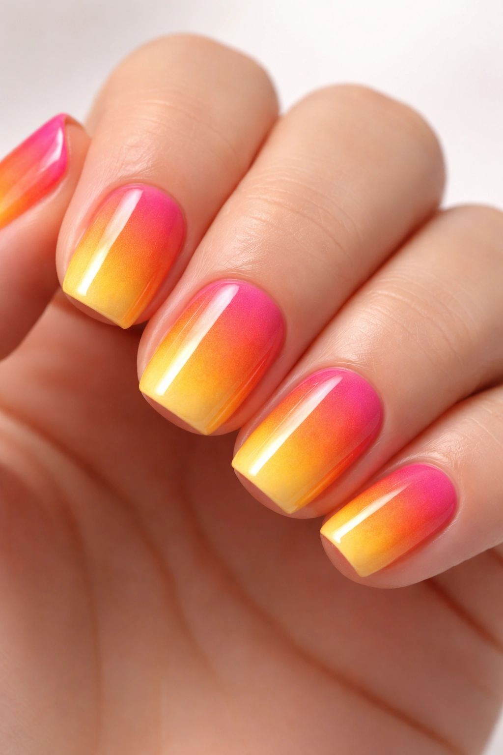 Close-up of short squoval nails with sunset ombre gradient from orange to yellow to pink