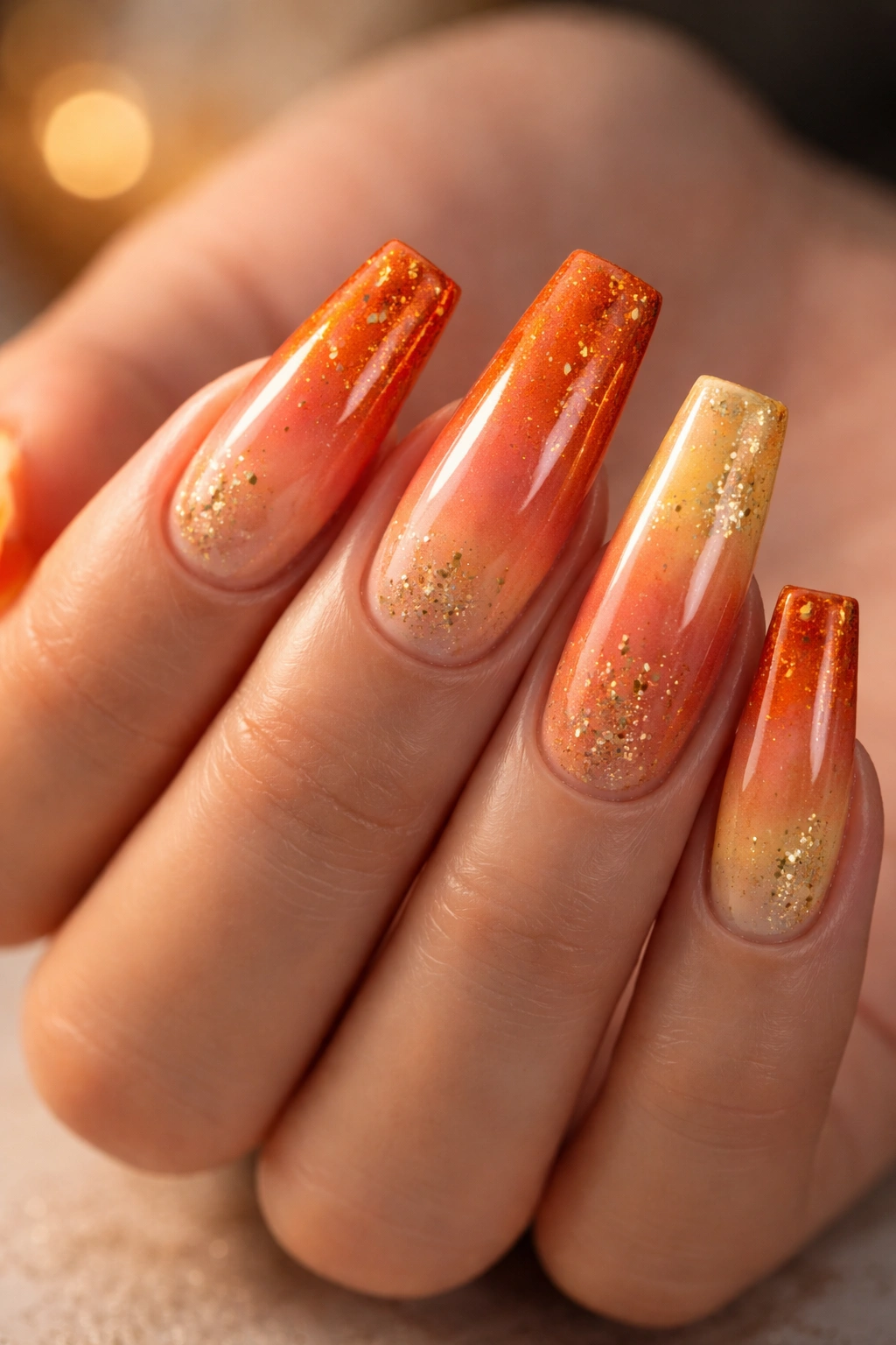 Close-up of sunset ombre coffin nail with orange to yellow gradient and metallic gold specks