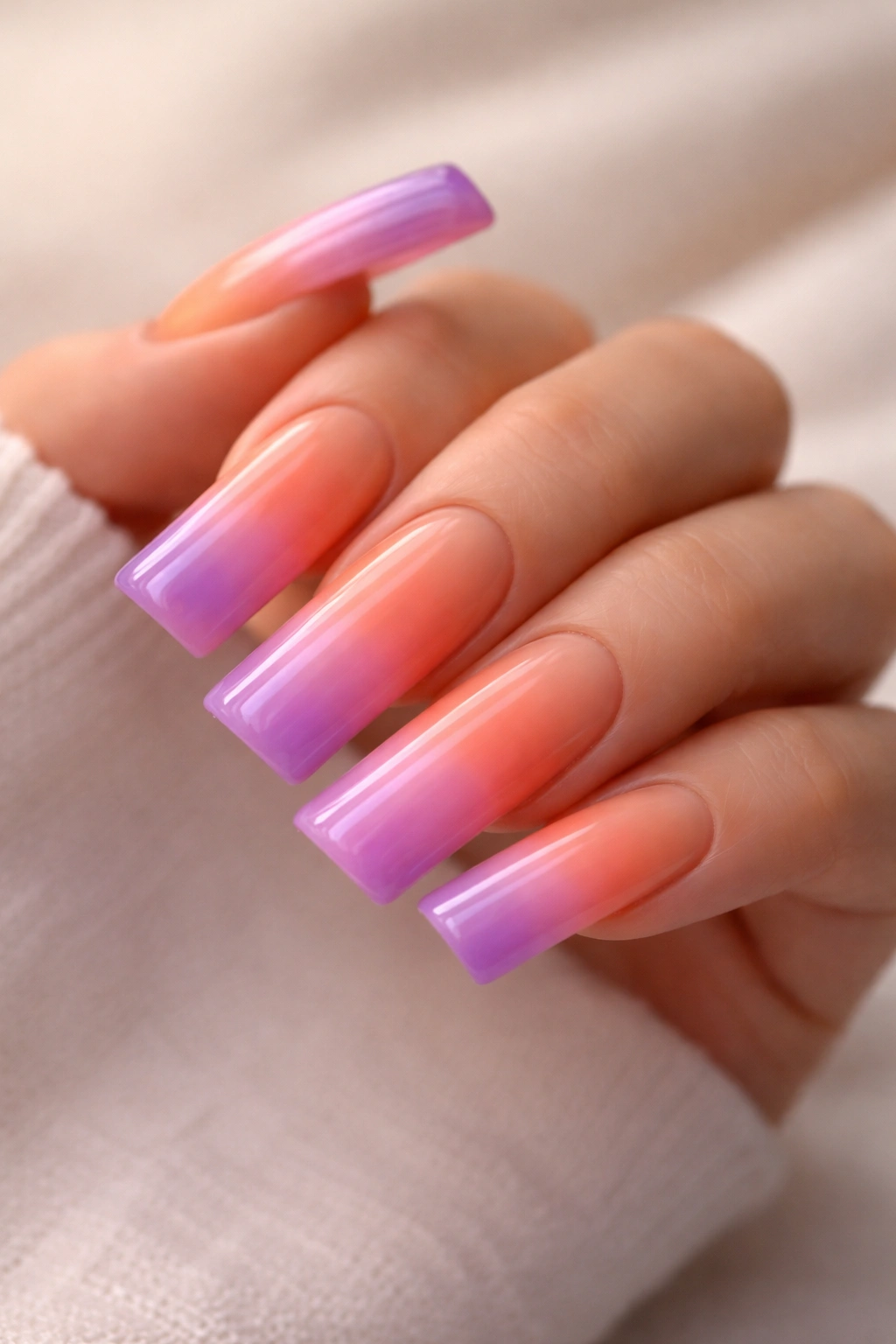 Close-up of long curved duck nails with sunset ombré gradient orange pink purple