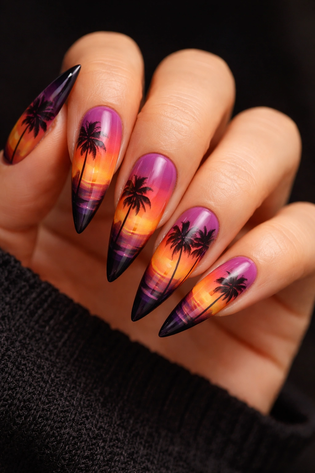 Stiletto nails with sunset ombre gradient and palm silhouette tips