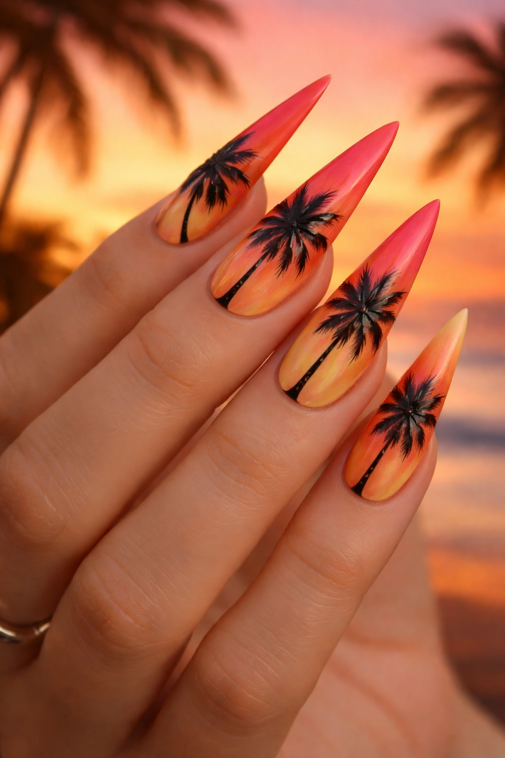 Close-up of sunset ombre stiletto nails with palm silhouettes