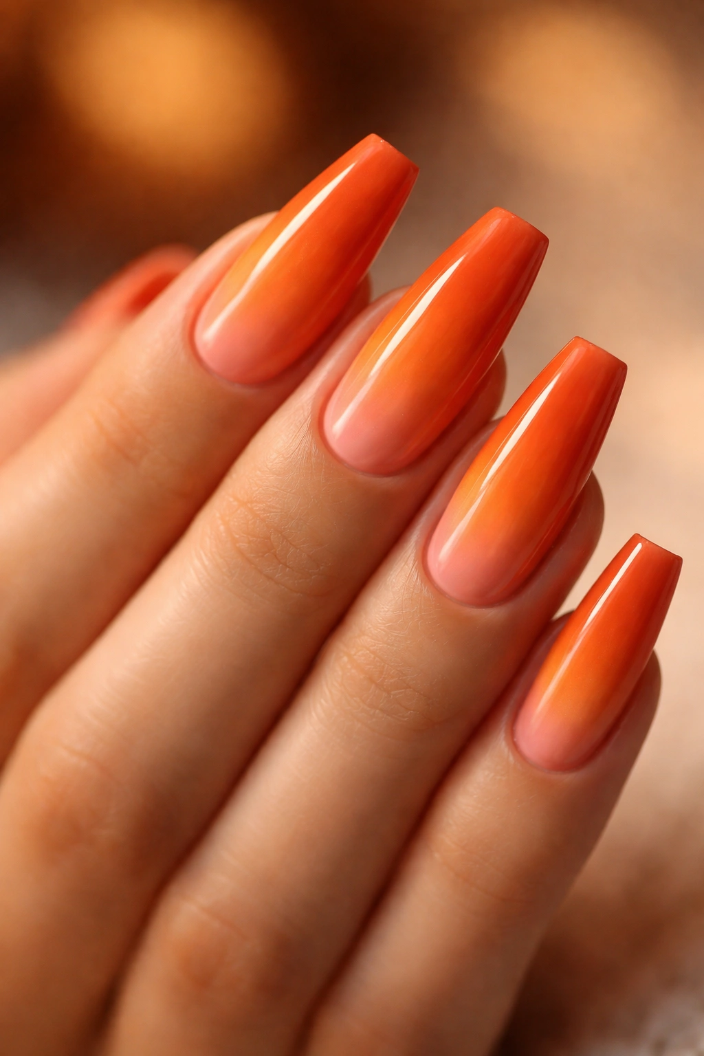 Close-up of sunset orange gradient coffin nails on a neutral background