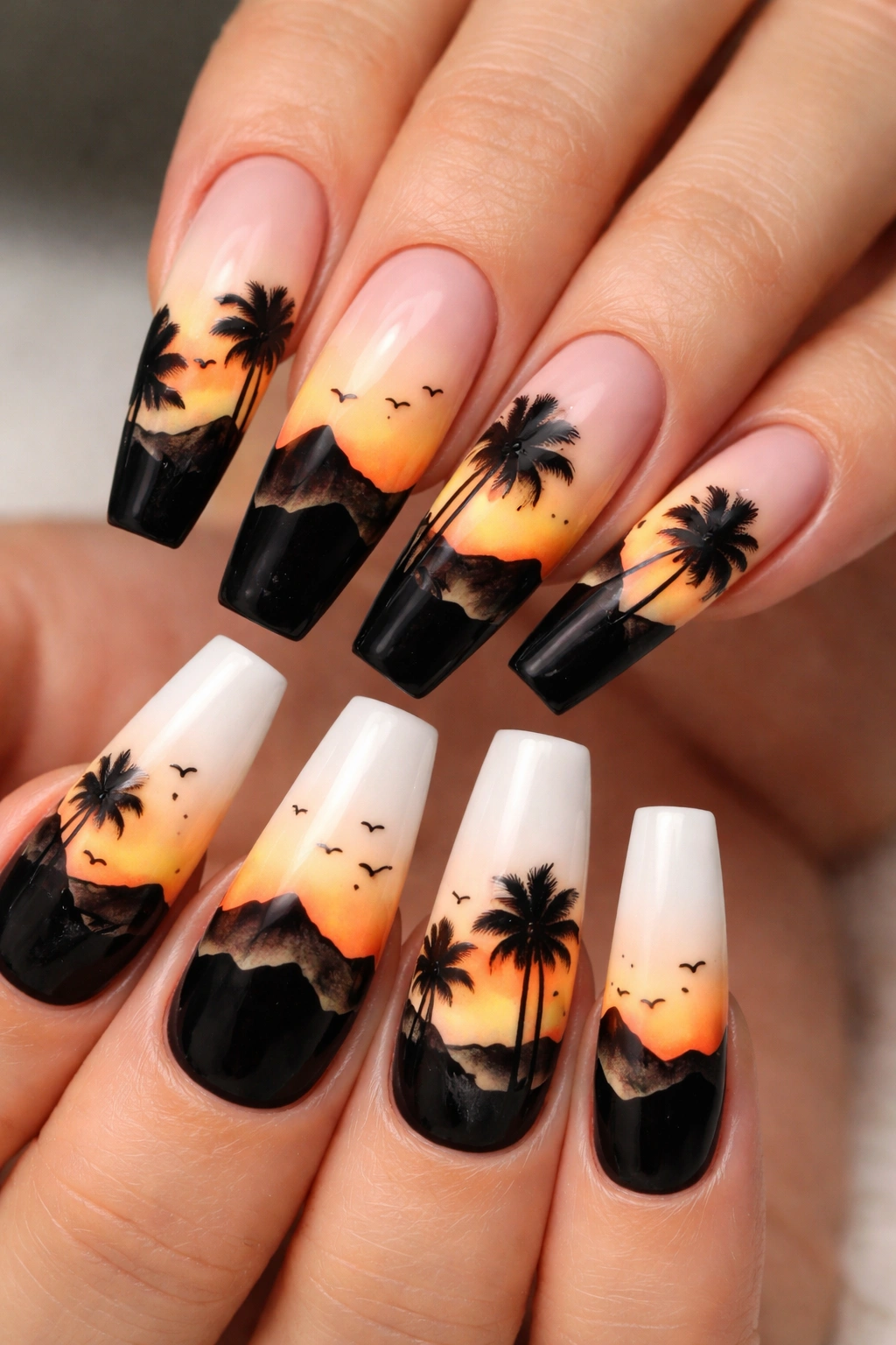 Close-up of coffin nails with black sunset silhouette on white base.