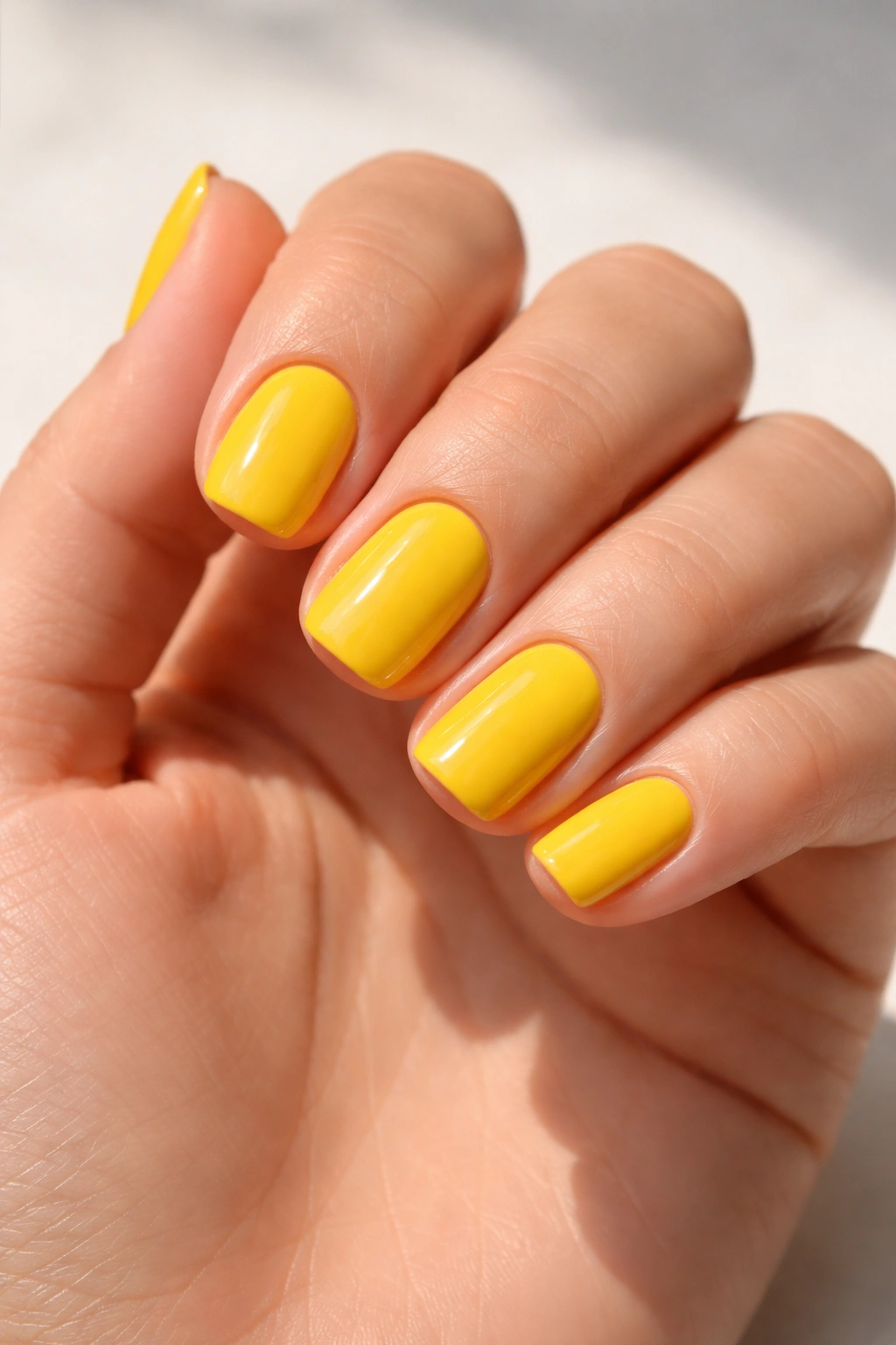 Sunshine yellow squoval nails with glossy finish