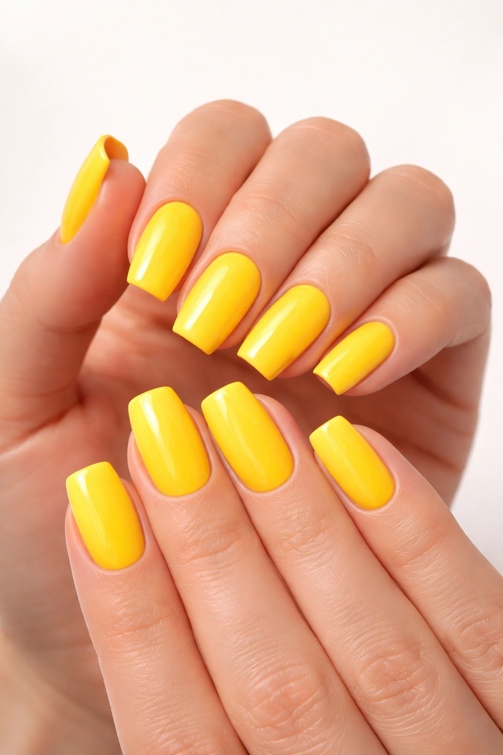 Close-up of sunshine yellow dip powder nails with smooth coverage