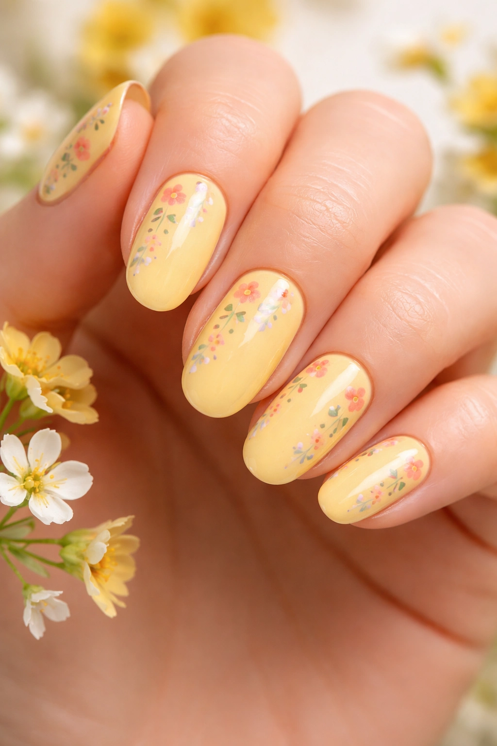 Oval nails in sunshine yellow with delicate coral-pink-green floral detailing