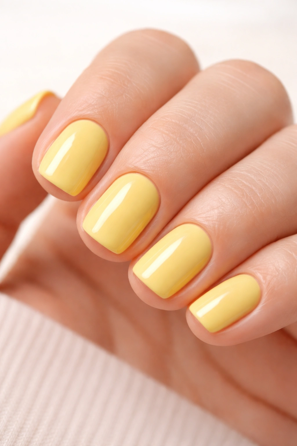 Close-up of short nails painted sunny yellow with opaque finish