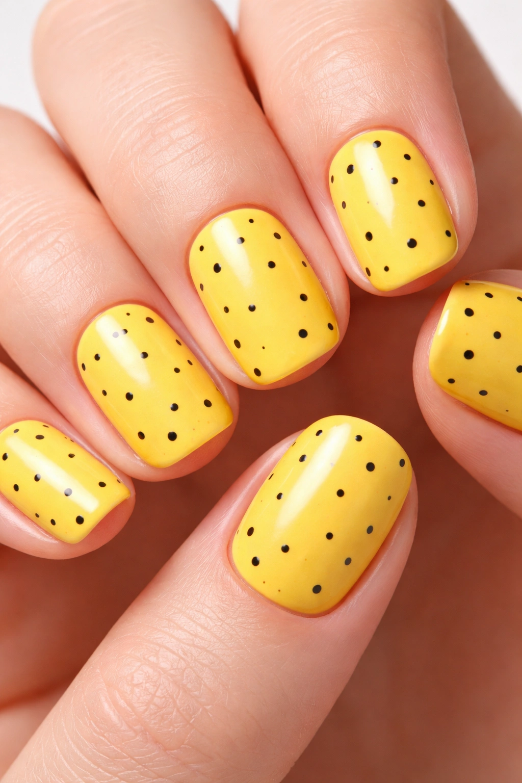 Sunshine yellow nails with tiny black polka dots on short squoval nails