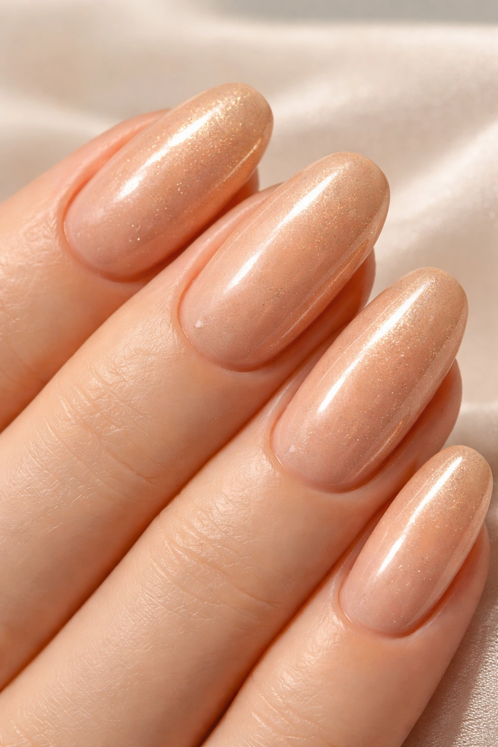 Close-up of nails in sunstone peachy-beige with gold shimmer