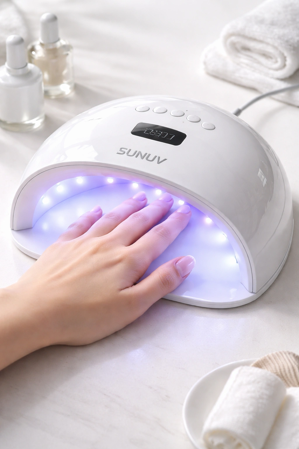 Hand under a SUNUV UV LED nail lamp, even light distribution.