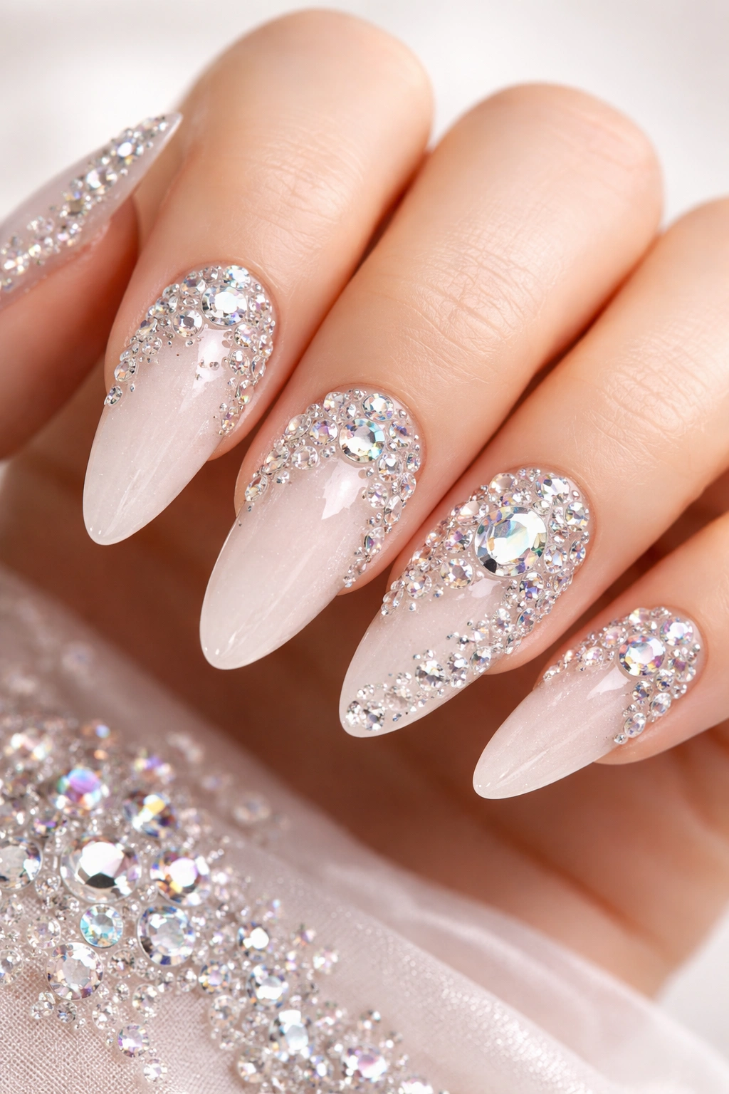 Close-up of nails with Swarovski crystals in a glamorous manicure
