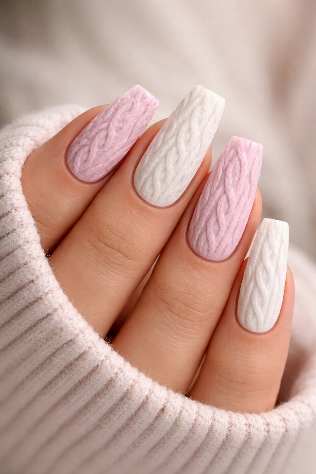 Alternating matte pink and white sweater-texture nails on a hand