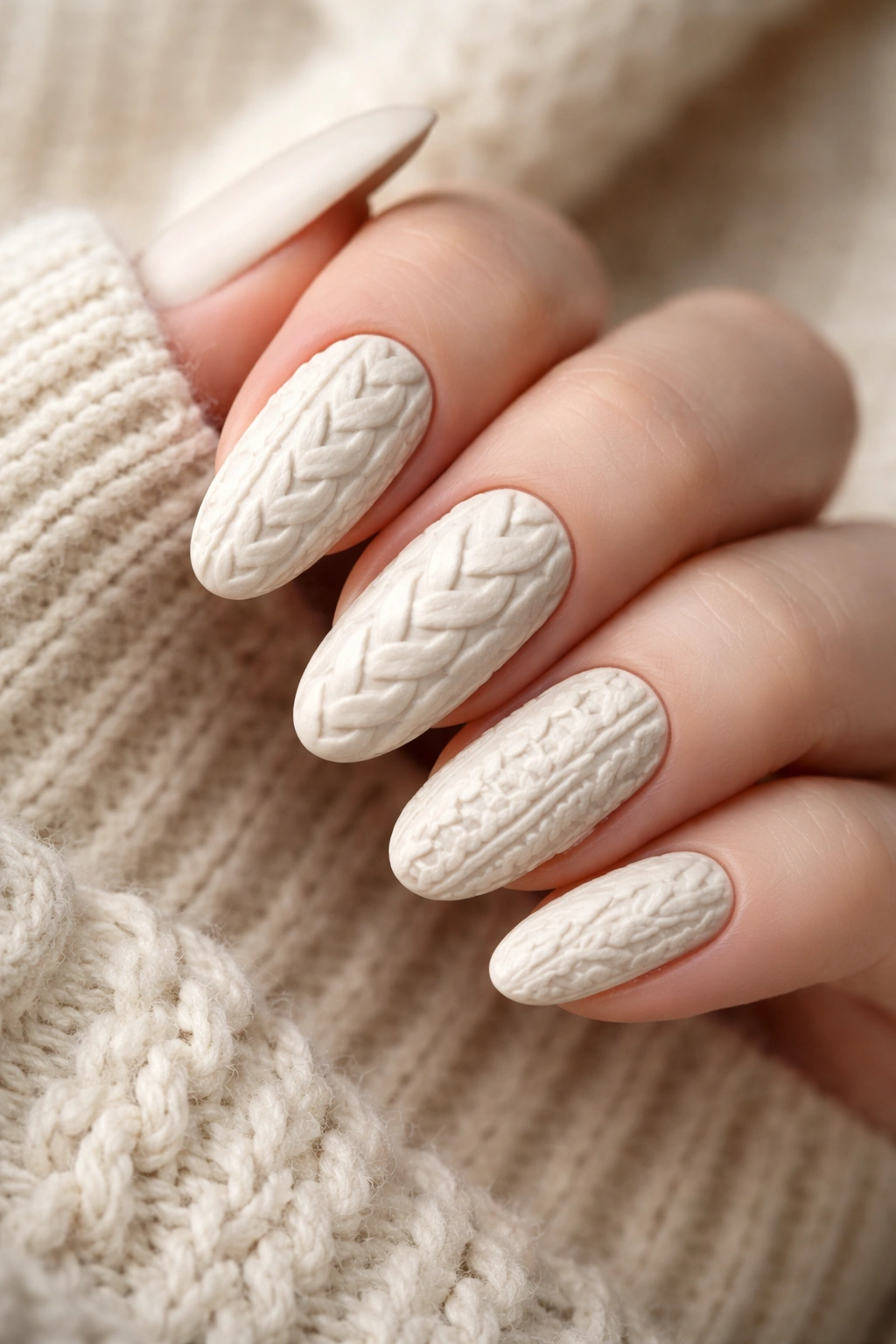 Macro shot of 3D sweater knit nail art on matte cream base