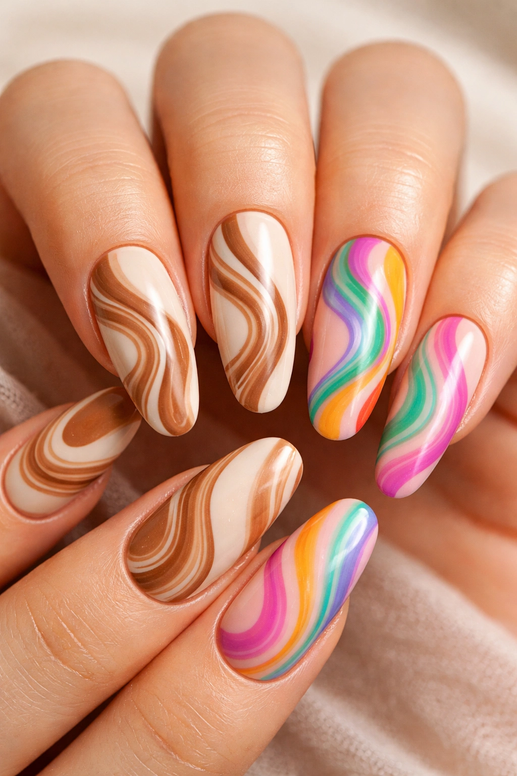 Acrylic nails with coffee-toned and rainbow swirl designs