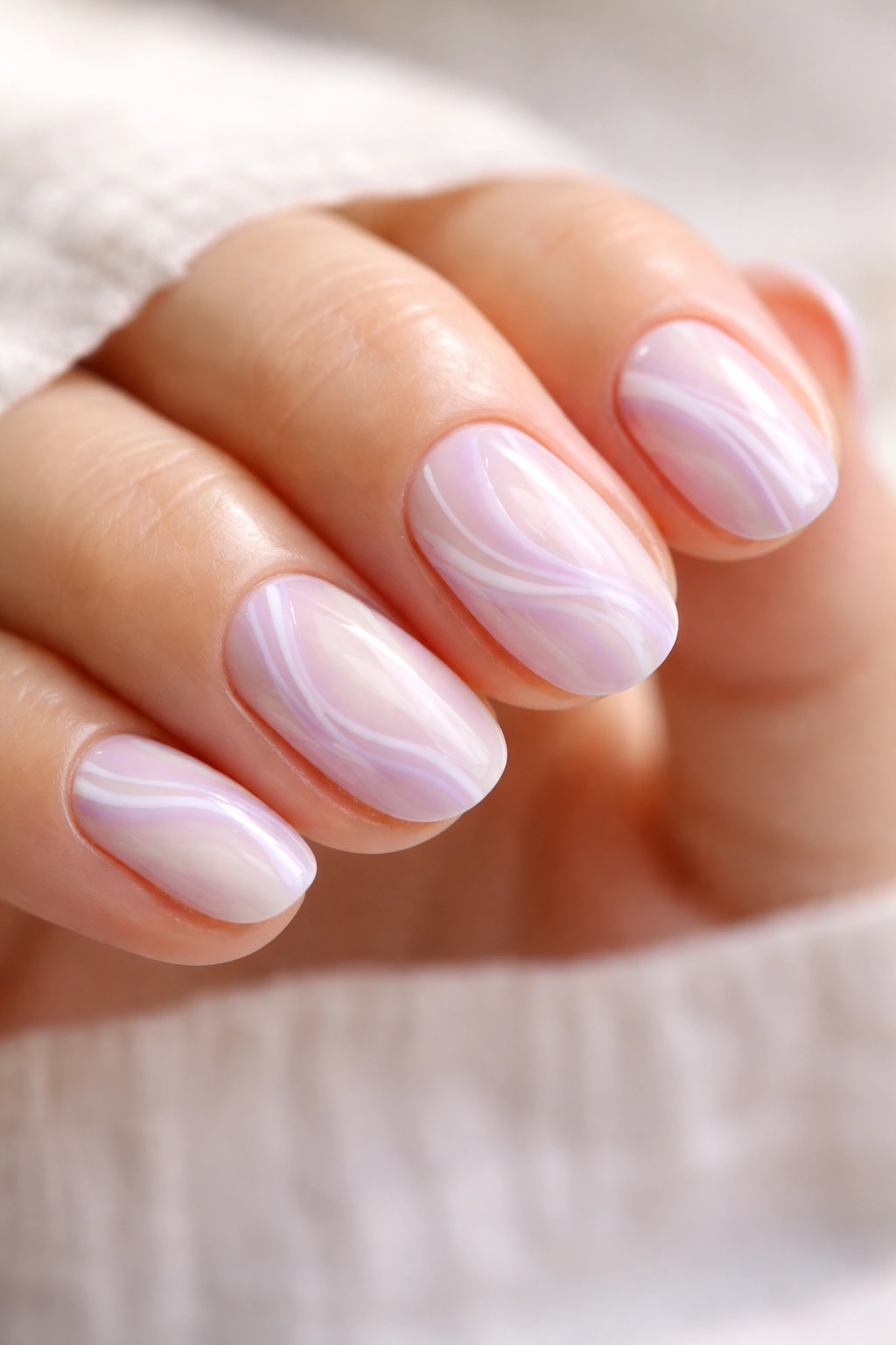 Close-up of lavender and milky white swirl nail art on short oval nails.