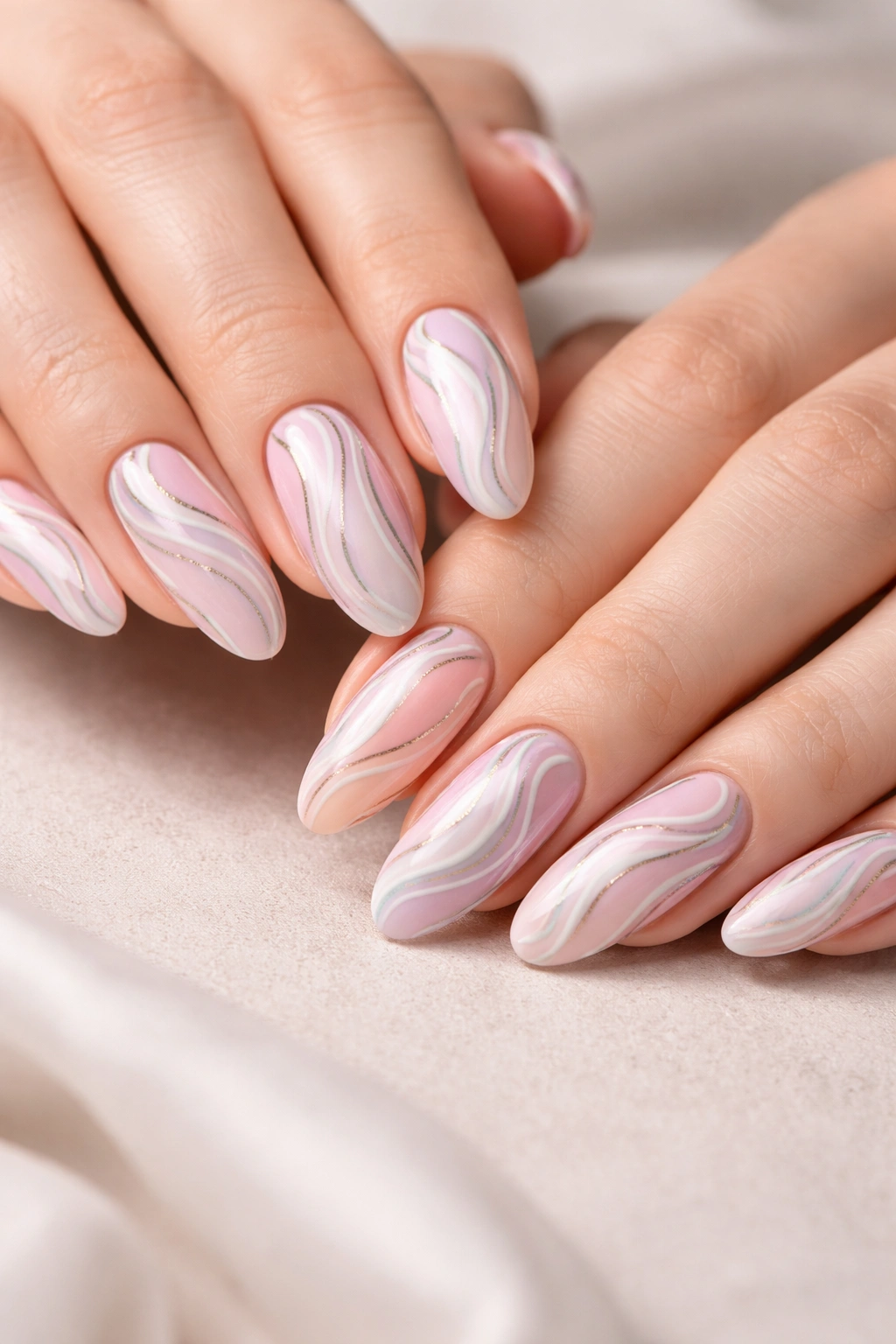 Close-up of long oval nails with swirl nail art in pastel and metallic tones on a neutral background