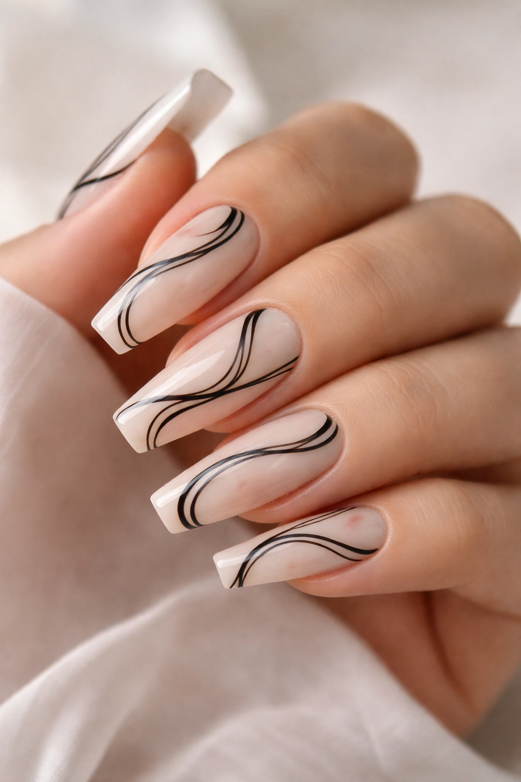 Close-up of ballerina nails with black swirl lines on a milky sheer base