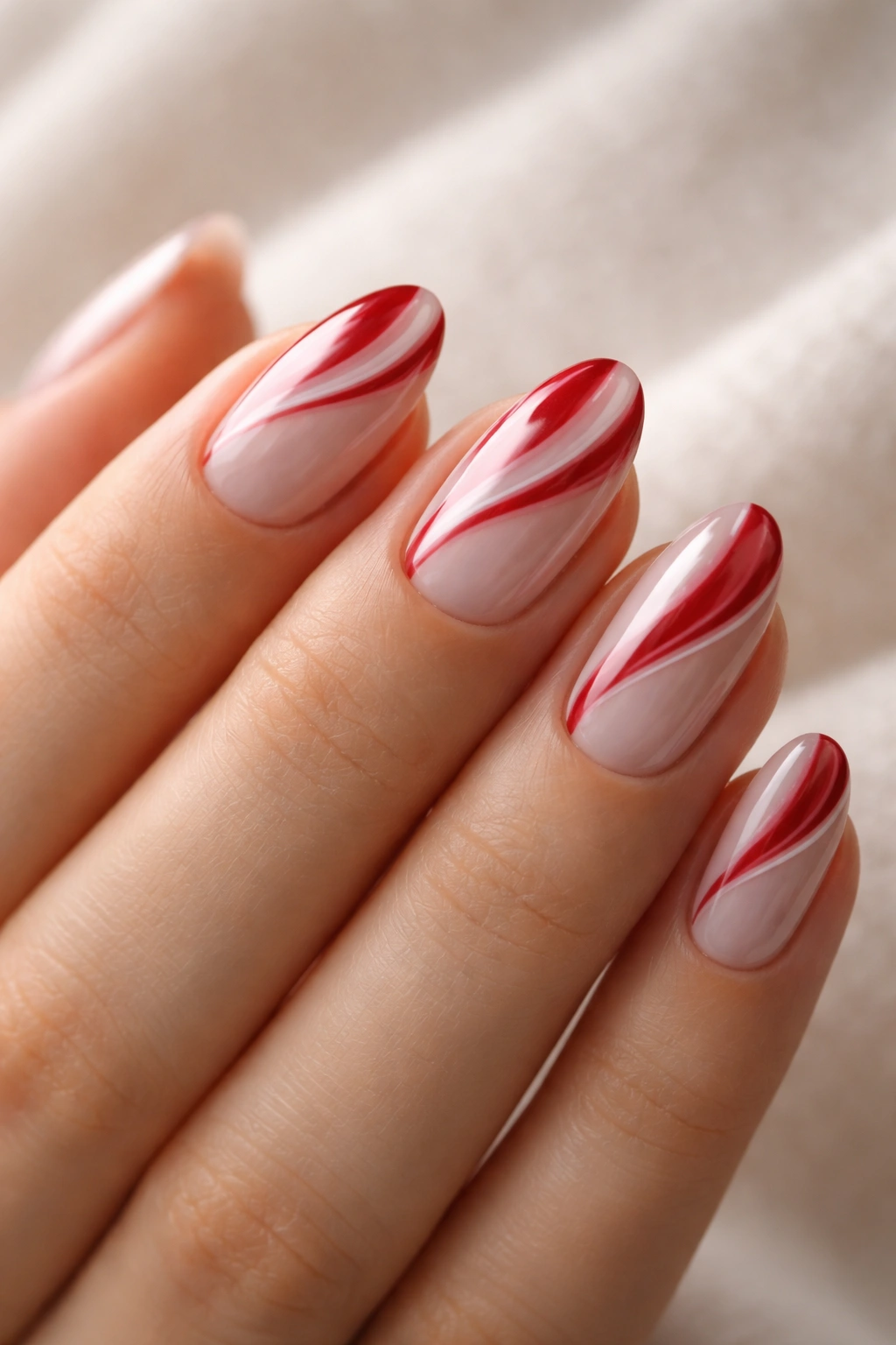 Short almond nails with red and milky white swirl nail art