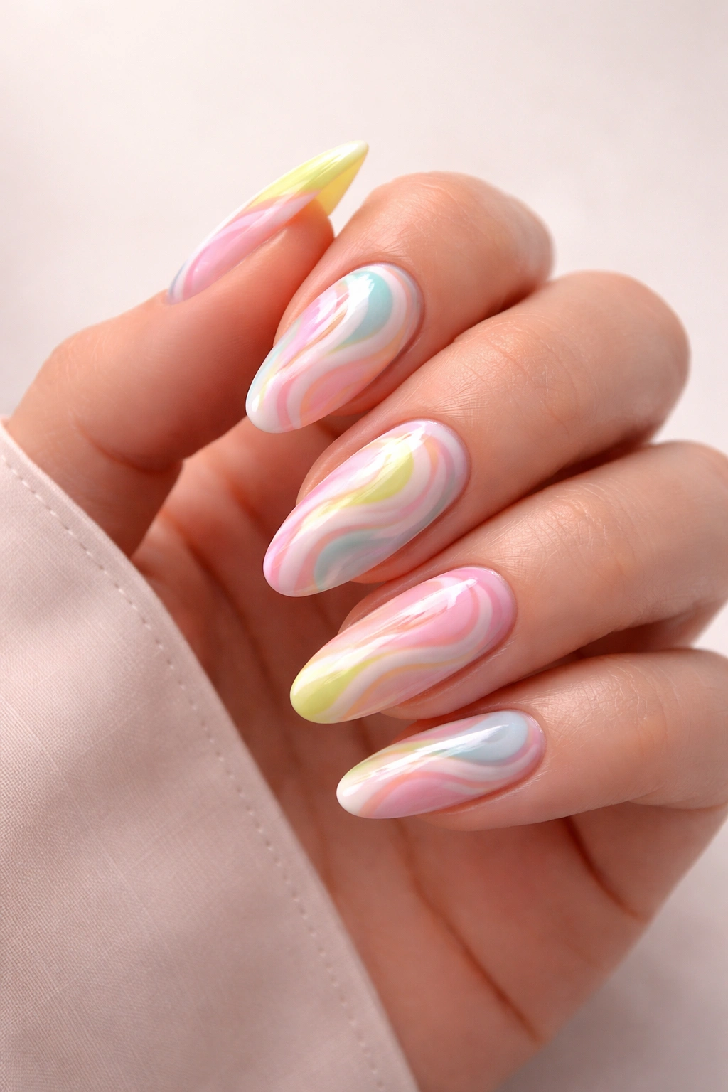 Close-up of swirled nail art on manicured nails with flowing white and pastel neon colors