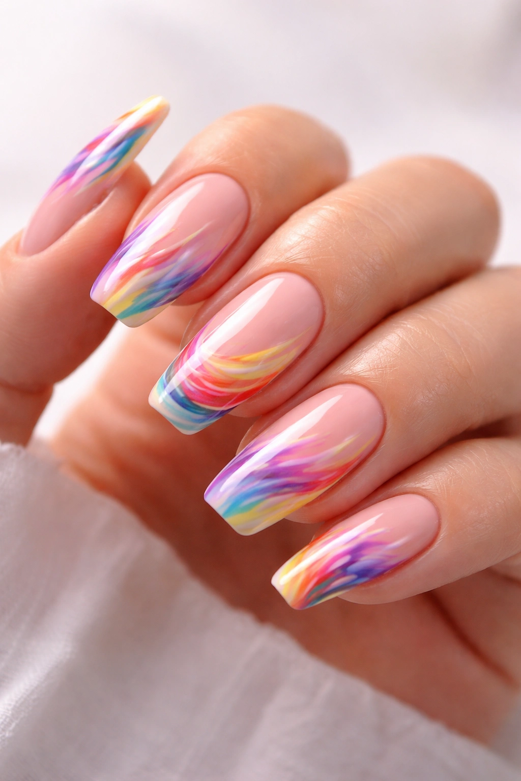 Close-up of hand with swirled abstract nail tips in multiple colors