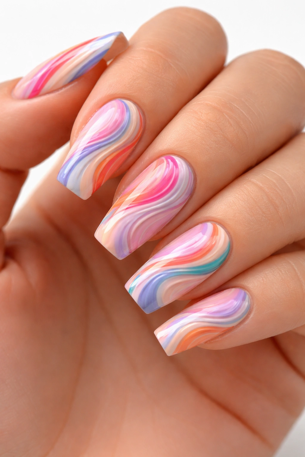 Medium-length acrylic nails with swirly patterns on a close-up.
