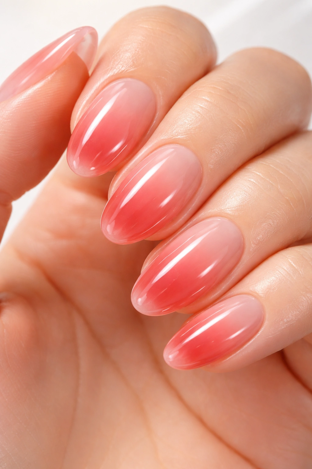 Close-up of syrup nails with translucent-to-saturated gradient and high gloss