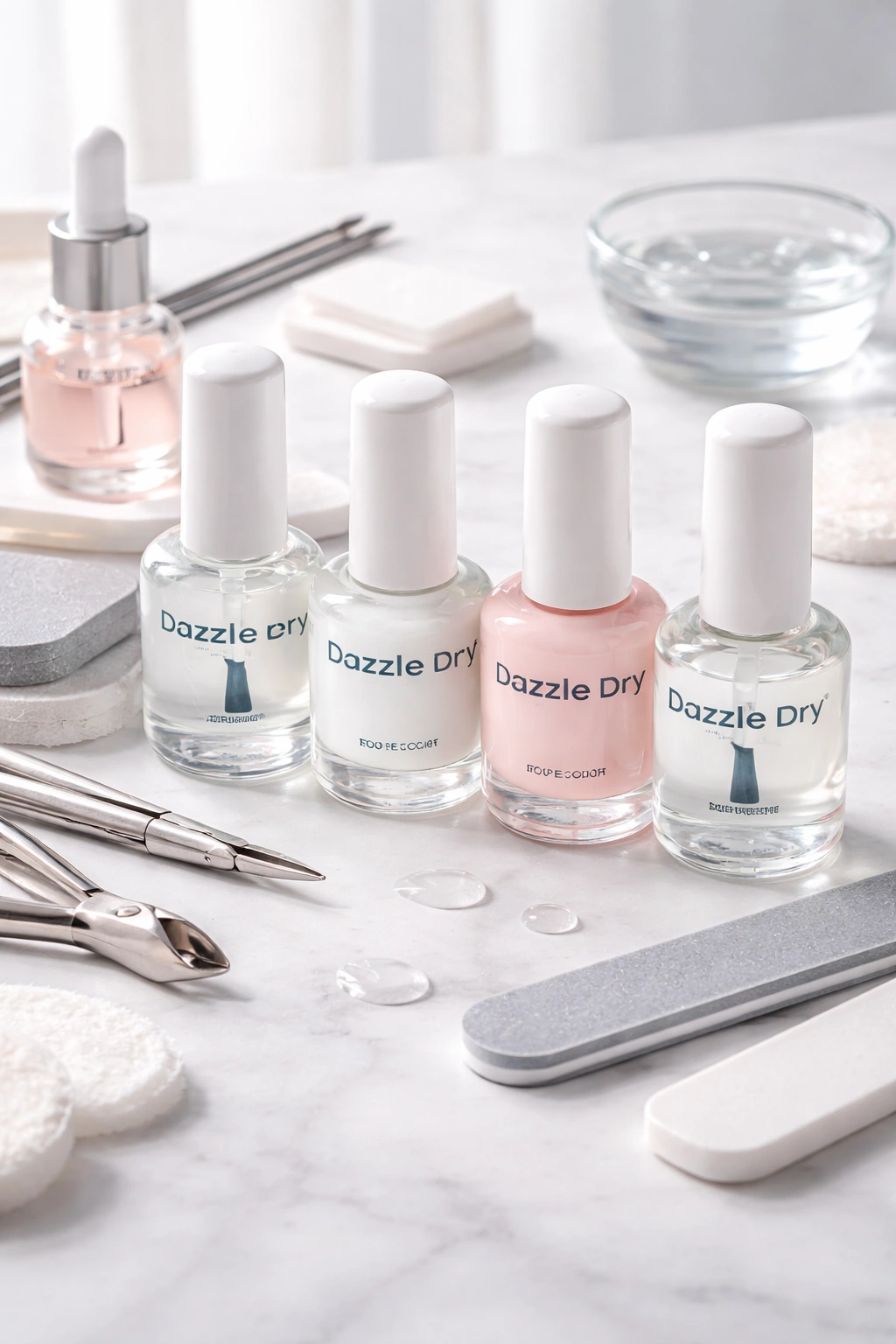 Assorted Dazzle Dry system components arranged on a clean surface