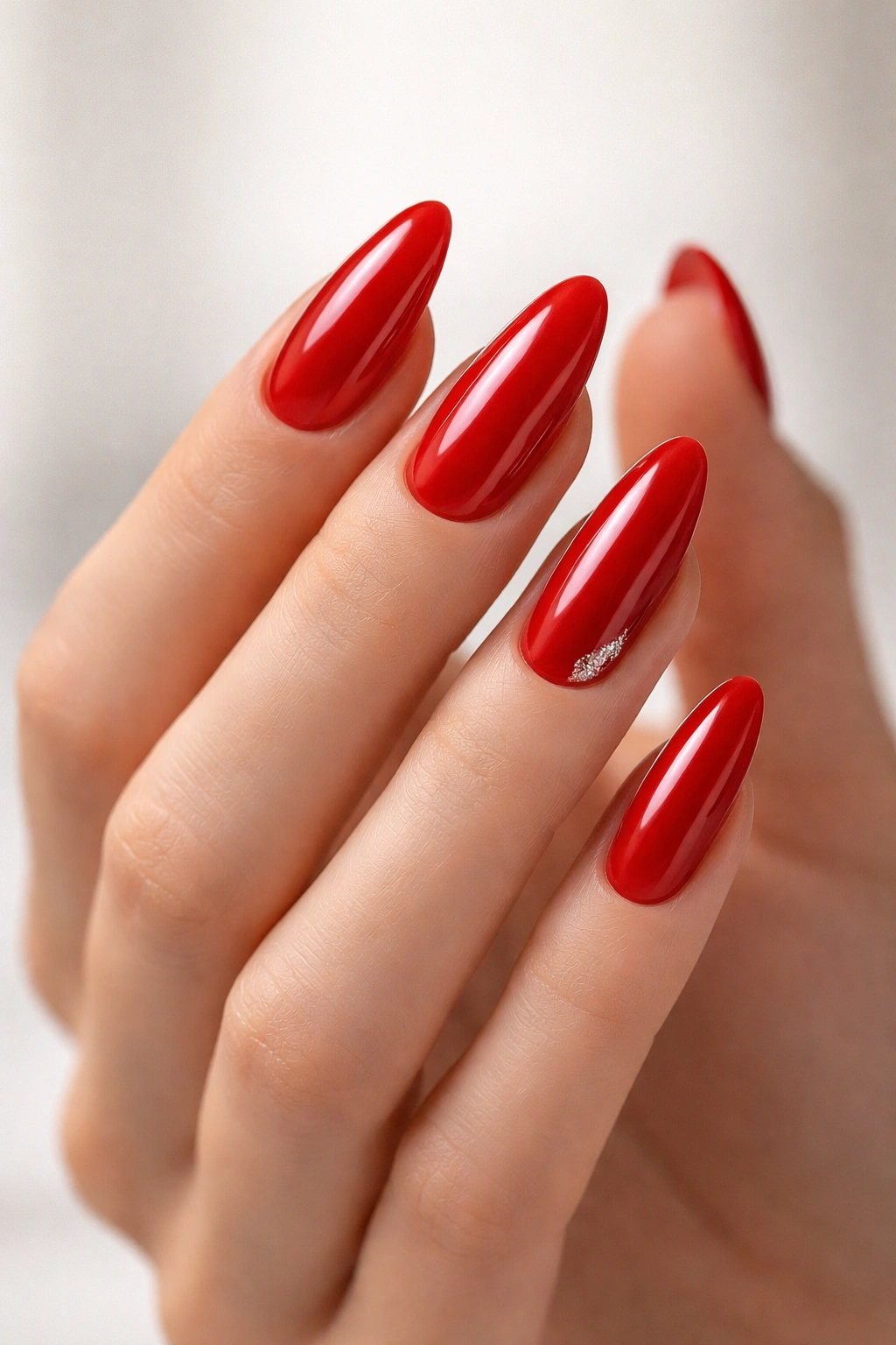 Hand with long oval red nails highlighting design takeaways