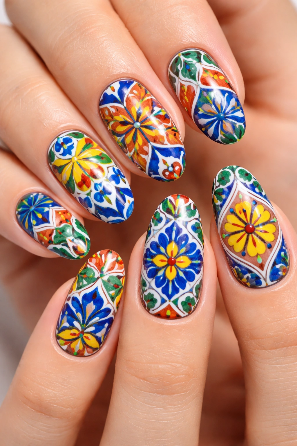 Nails with Talavera tile-inspired patterns in blue and white