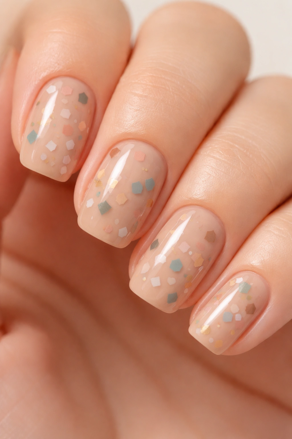 Tan nails with encapsulated geometric shapes inside the nail in soft colors