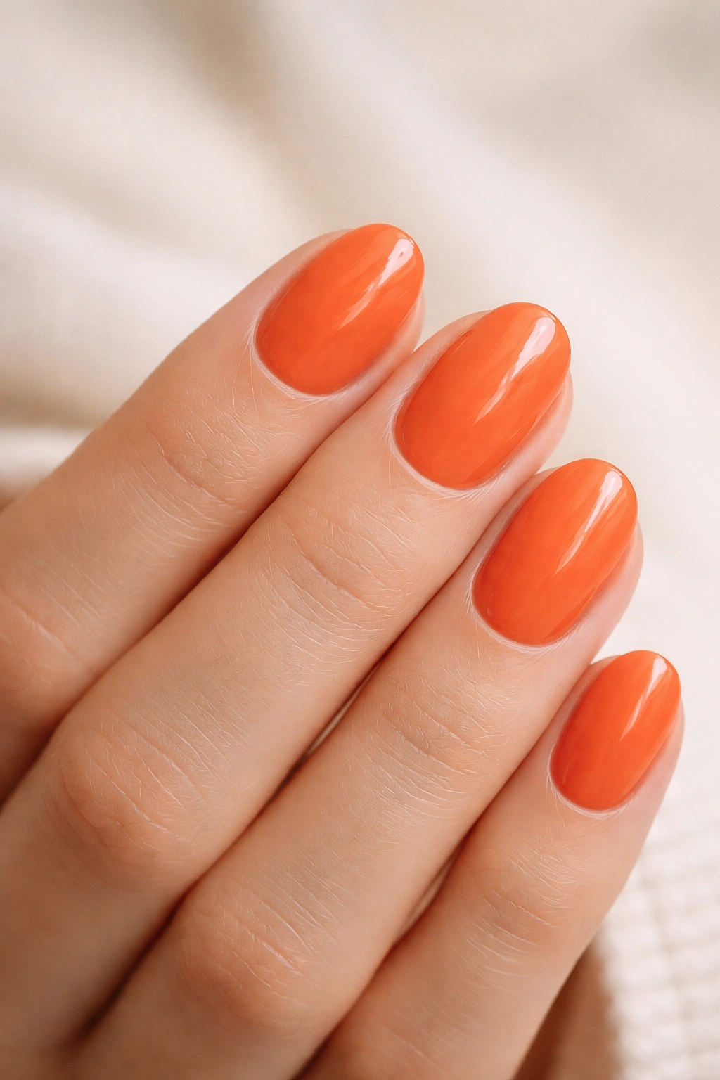 Close-up of short oval nails with glossy tangerine polish on a neutral background