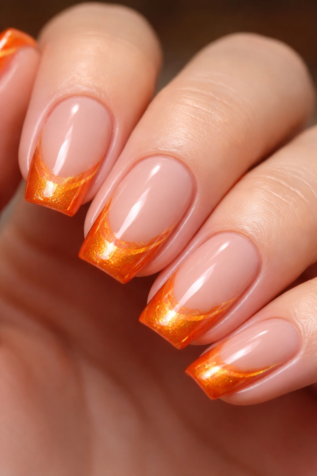 Tangerine cat-eye tips on nude base in a modern French manicure