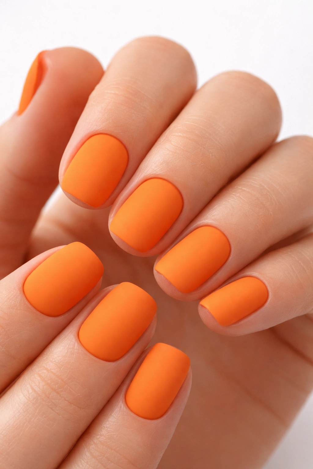 Close-up of short squoval nails in bright tangerine with a matte finish.
